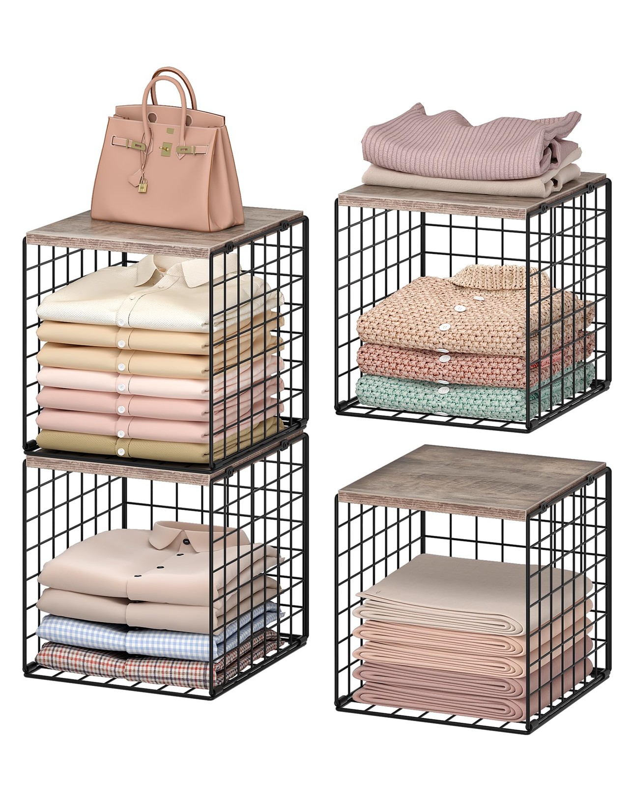 4-Tier Closet Organizers and Storage, Stackable Storage Bin Baskets with Wood...