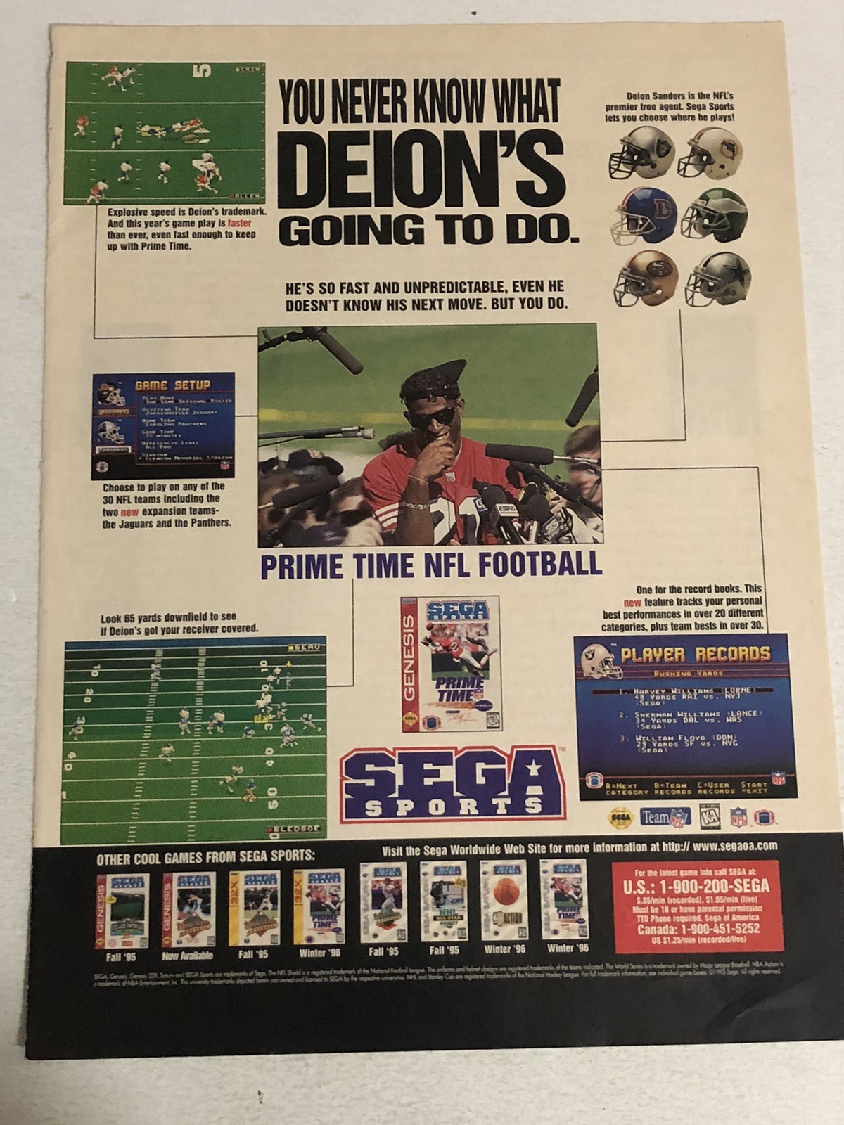 1995 Sega Genesis Sports Print Ad Advert Neon Deion Sanders pa8