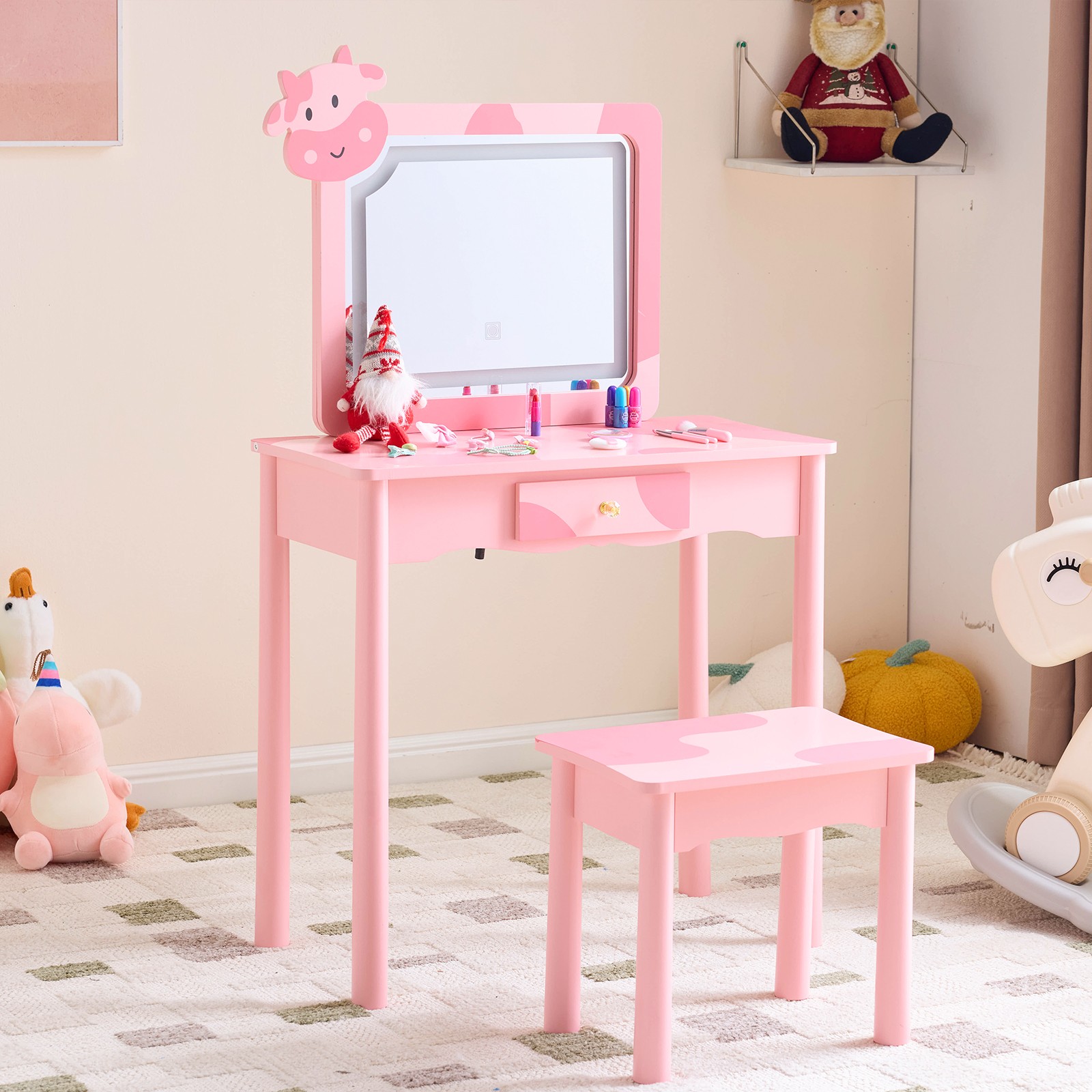 Pink Zebra Pattern Makeup Table with Solid Wood Base - Statement Dressing Statio