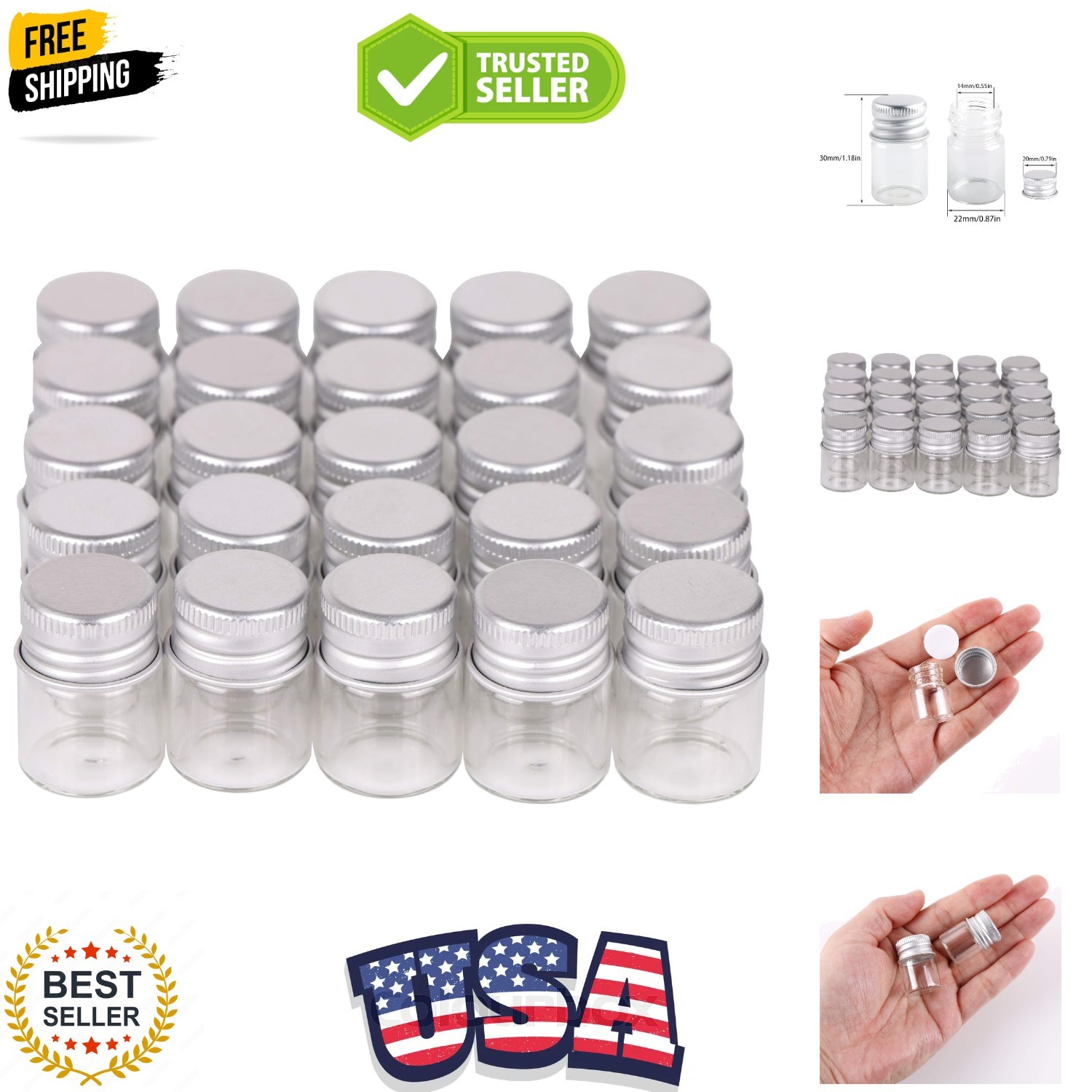 100 Sets Small Glass Bottles with Aluminum Cap Screw Top Lids 5 Milliliter Ti...