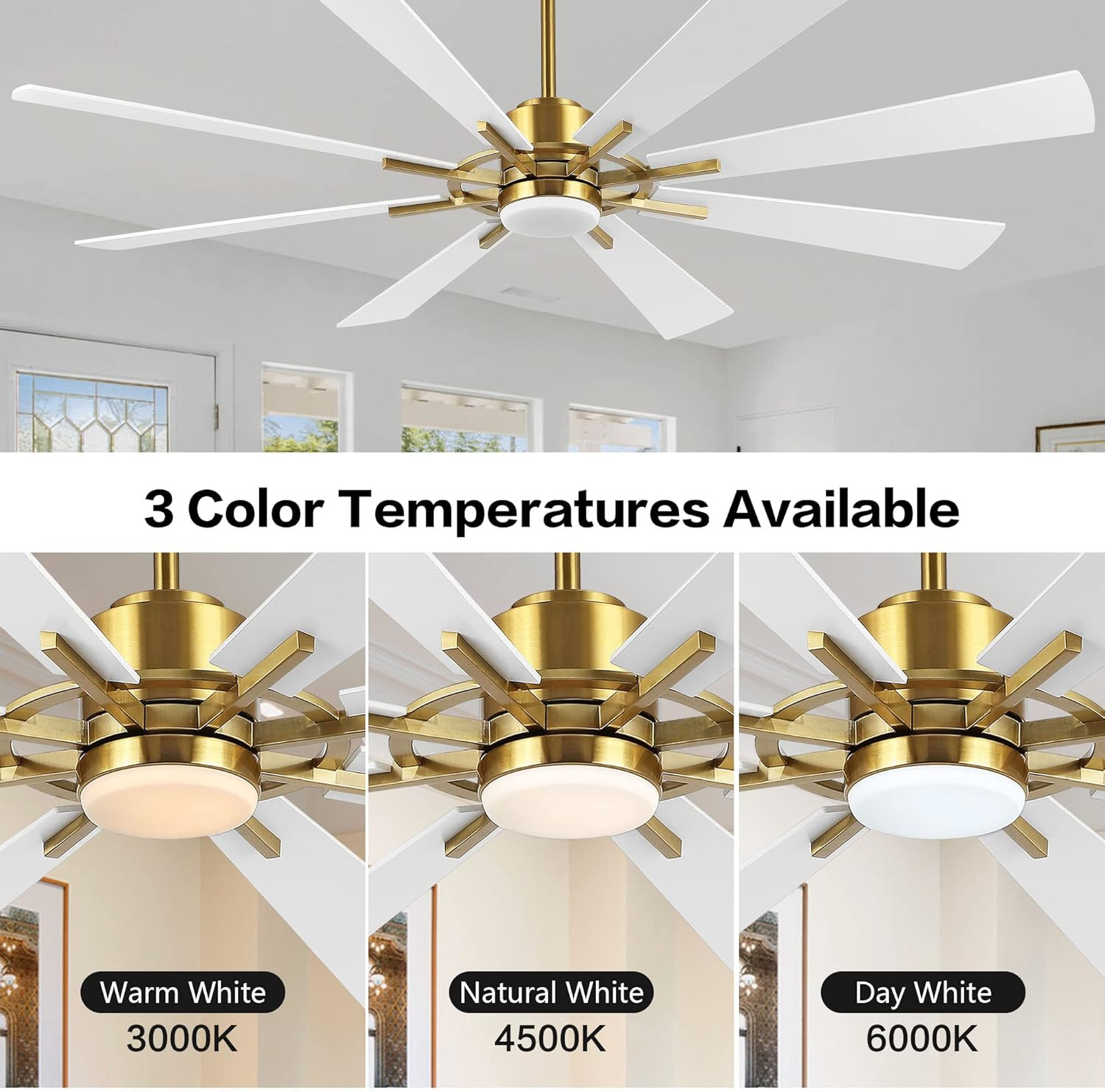 60" Gold & White DC Ceiling Fan with Lights & Remote, 6-Speed Motor