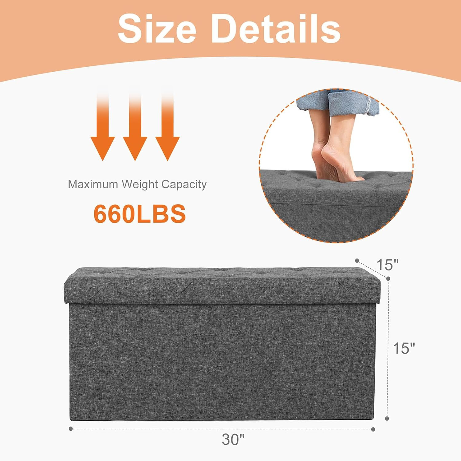 43In Storage Ottoman Bench, Storage Chest, End of Bed Foot Rest Stool with Padde