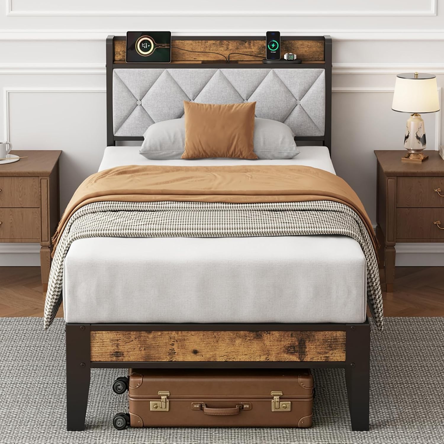 Twin Size Bed Frame with Upholstered Headboard USB Charging Heavy Duty Metal