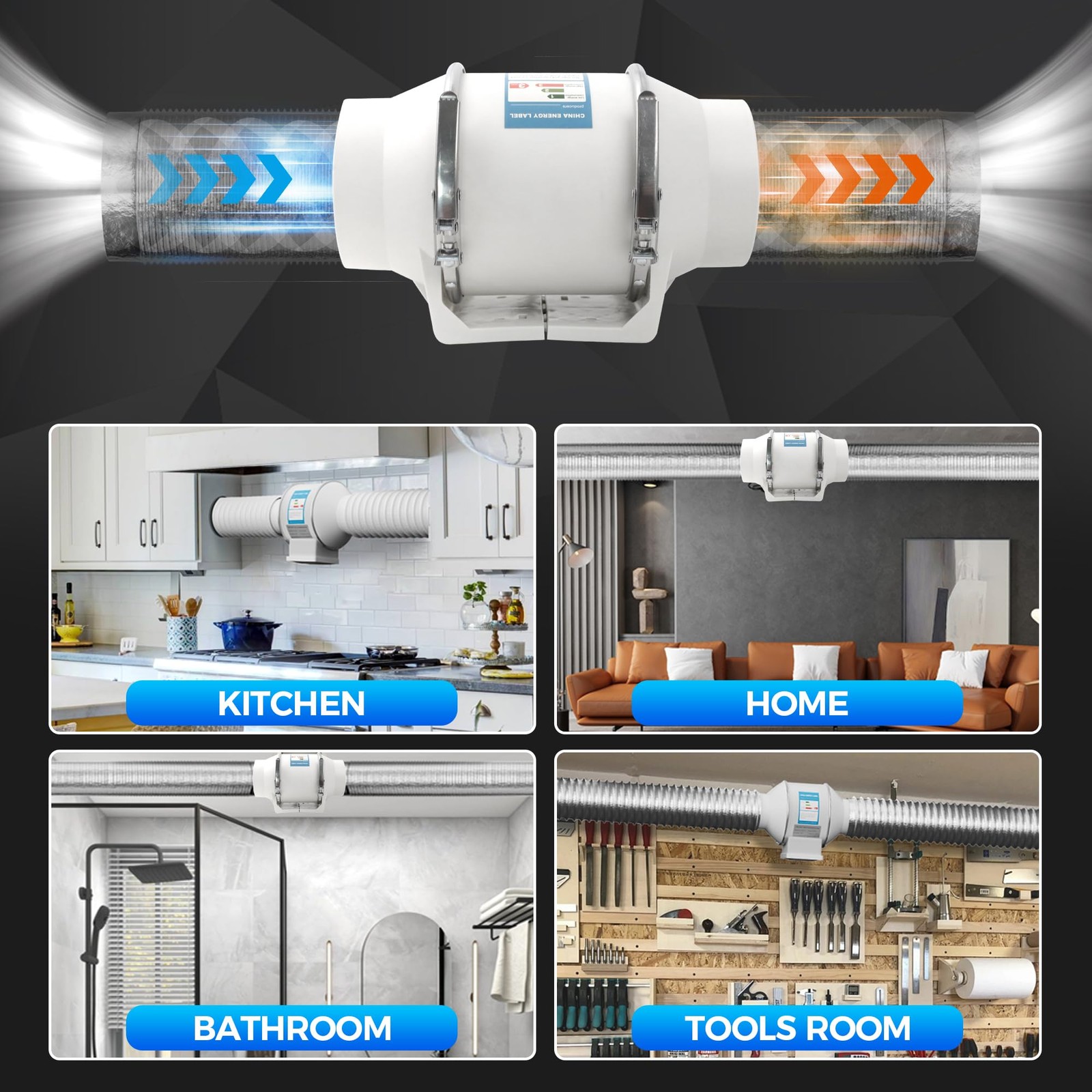 4" Inline Duct Fan 280CFM High Efficiency Vent Exhaust for Bathroom Kitchen