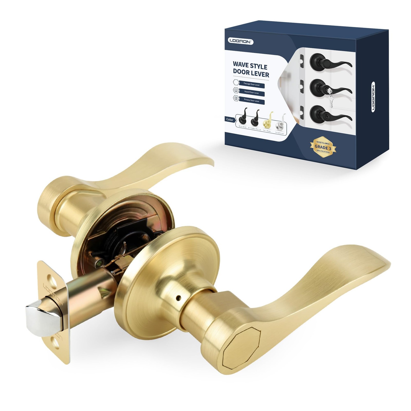 Wave Style Door Lever, Brushed Gold Passage Door Handle, Keyless Gold Interio...