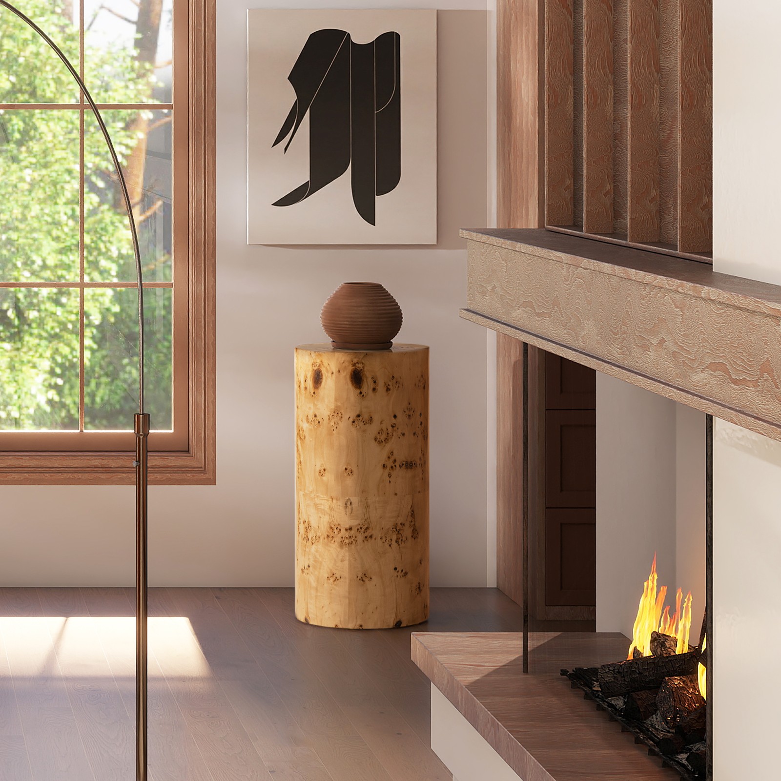 Nebula 29.5" Burl Accent Pillar Side Table with Warm Natural Brown Solid Wood