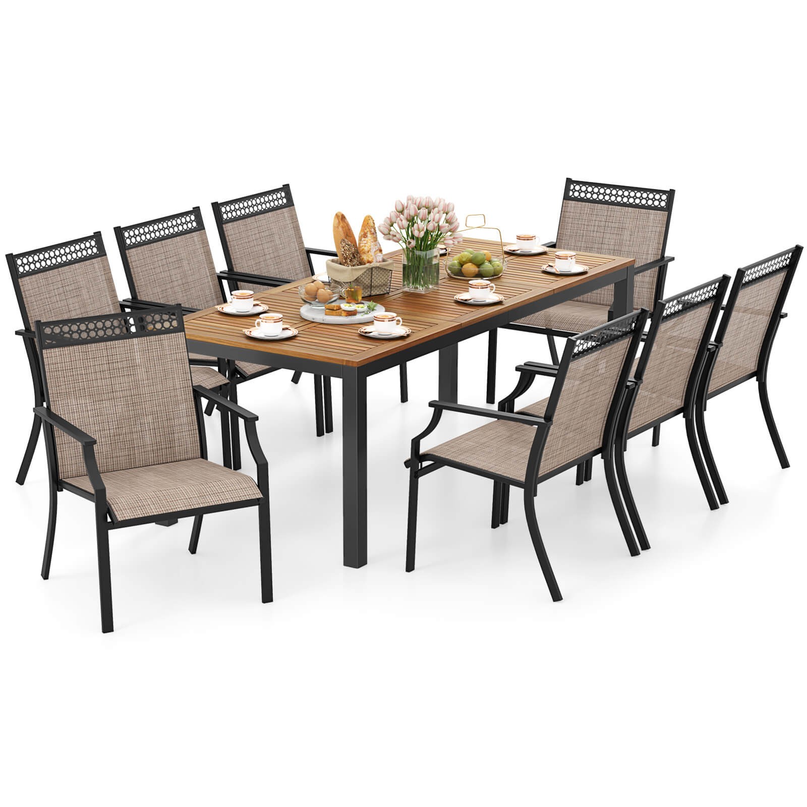 9-Piece Outdoor Patio Furniture w/ Large Wooden Tabletop & Umbrella Hole