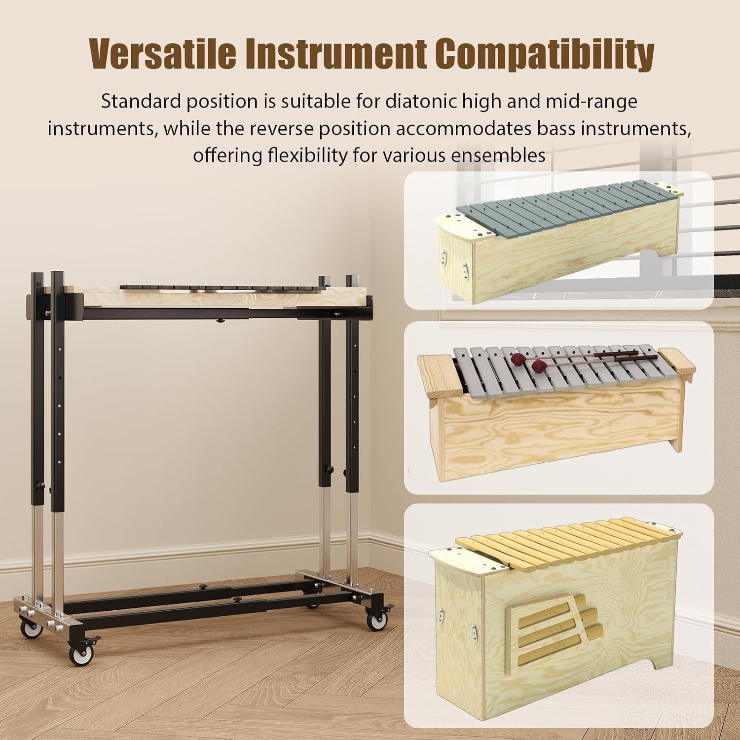 Adjustable Rolling Stand for Orff Instruments, with Locking Caster Wheels