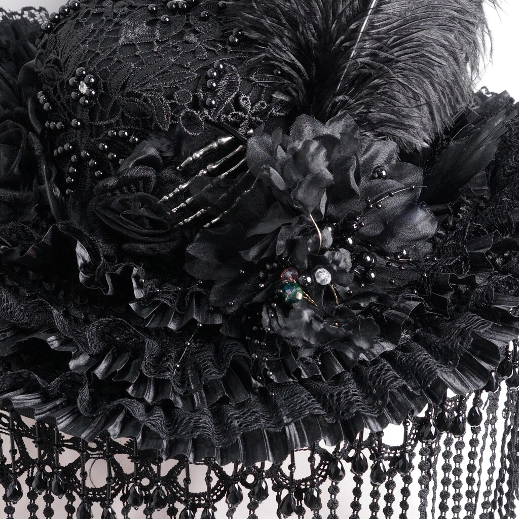 Eva Lady Women Black Vintage Gothic Victorian Beaded Tassel Feather Hat