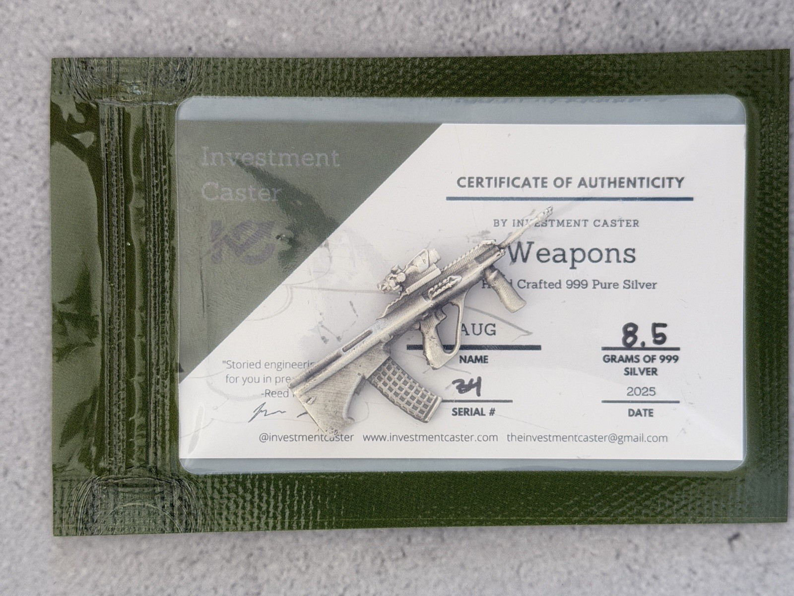Investment Caster AUG Gun Hand Crafted 999 8.1G-9.1G Pure Silver Bullion