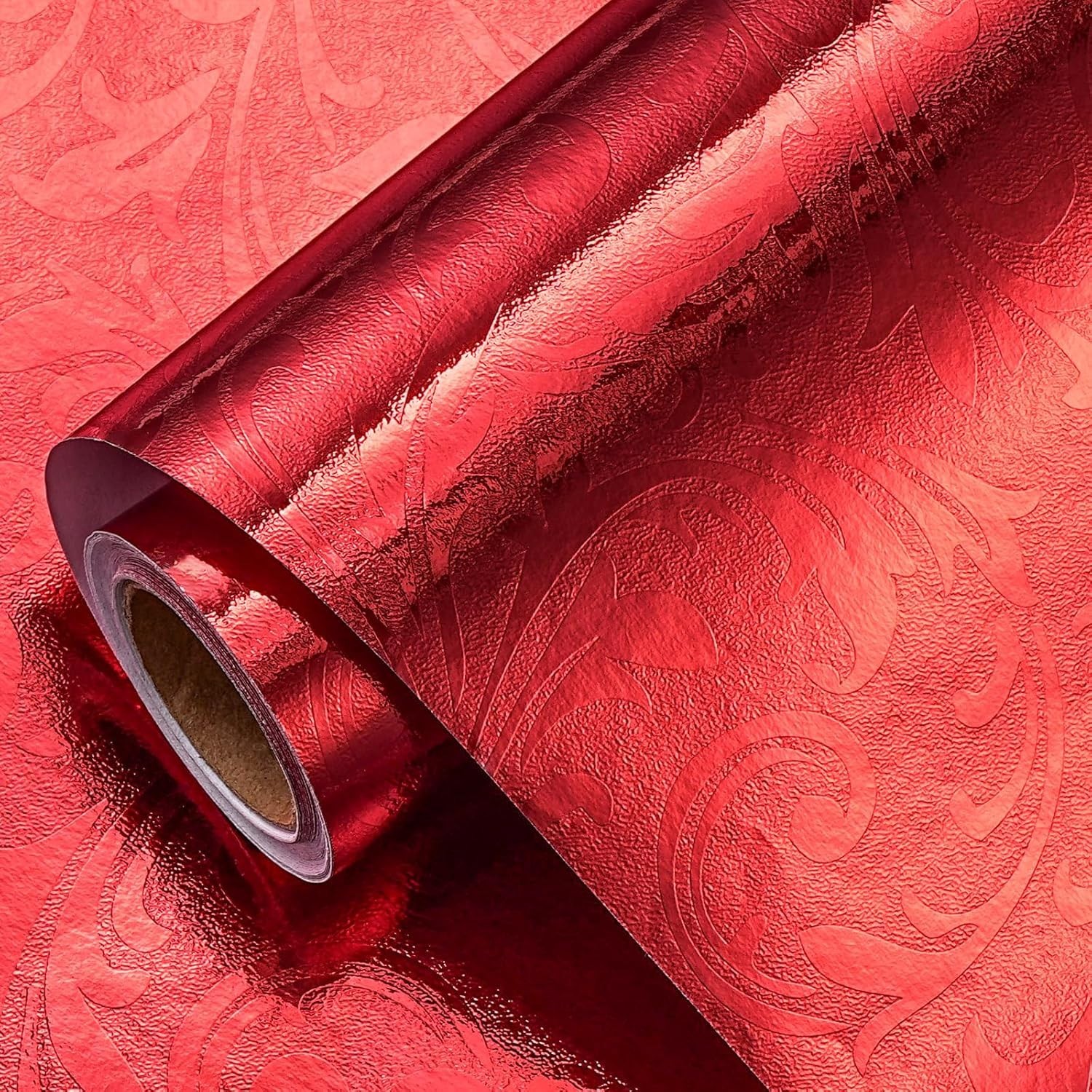 3D Embossed Floral Foil Gift Wrapping Paper, Vintage Flower 17" X 32.8FT Red