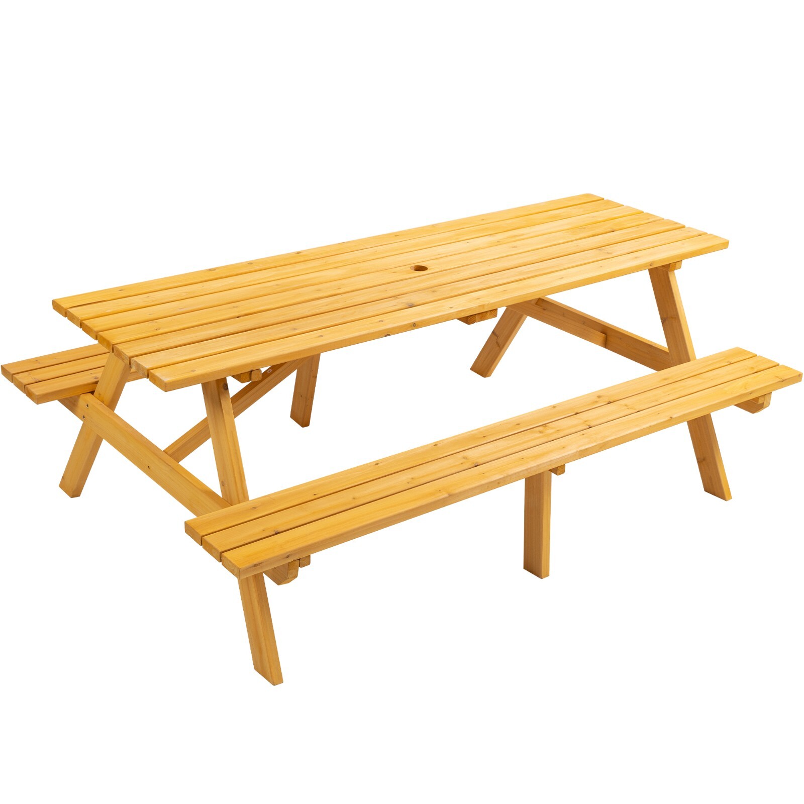 6-Person Outdoor Rectangular Wooden Picnic Table with Built-in Benches, Natural