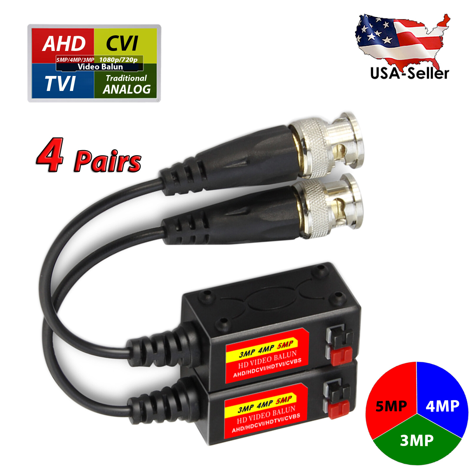4 pairs Megapixel TVI AHD Passive Video Balun Transceivers Cat5 Cable RJ45 UTP