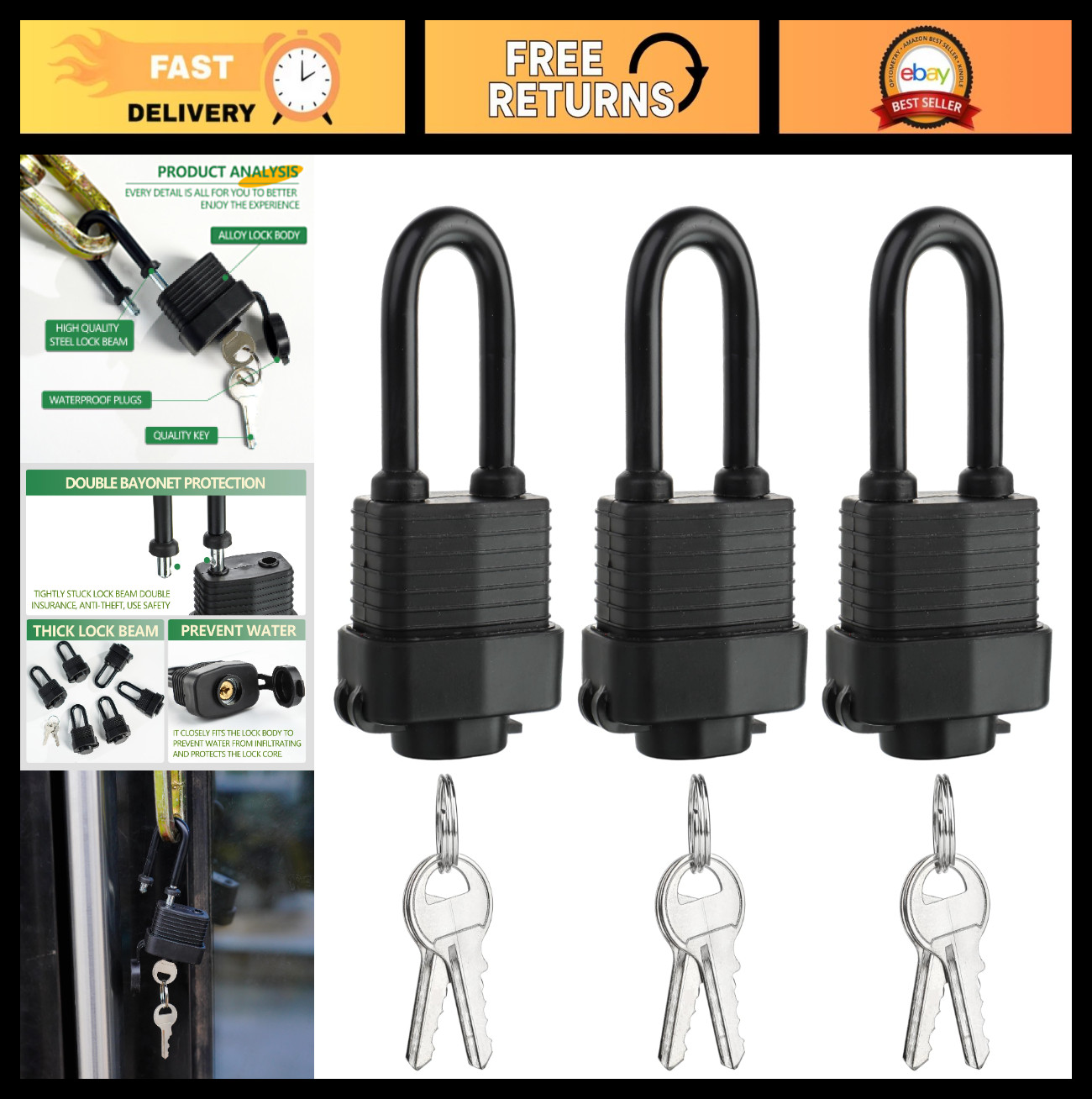 Heavy Duty Waterproof 40mm Laminated Steel Padlock Set - Keyed Alike, 3 Pack