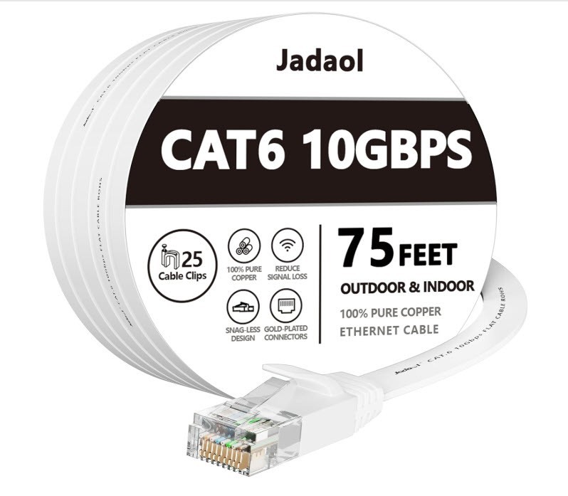 Jadaol 75ft Flat Cat6 Ethernet Cable (White) – 10Gbps High Speed RJ45 NEW