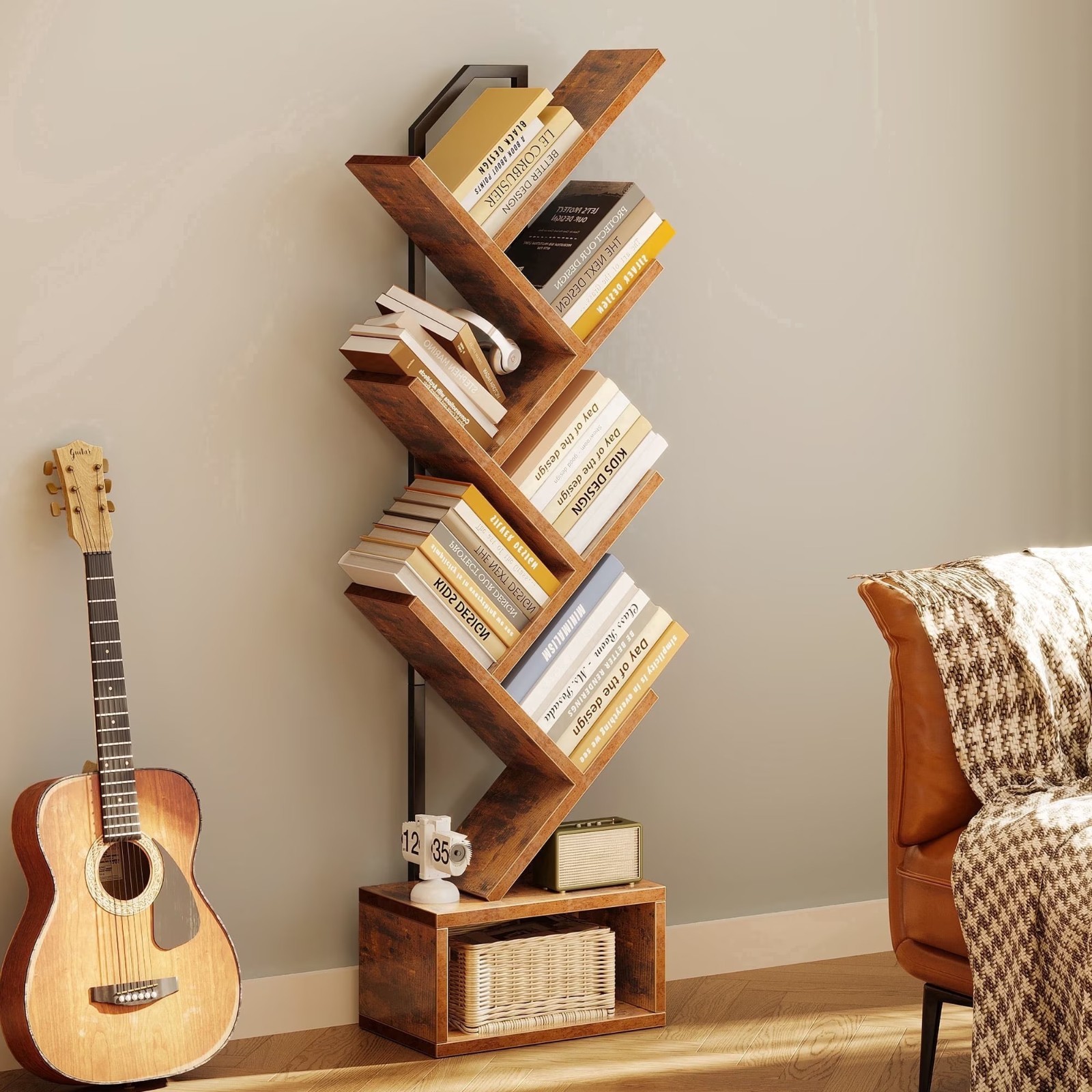 6 Tier Tree Bookshelf Corner Floor Standing Vintage Wood Narrow Bookcase
