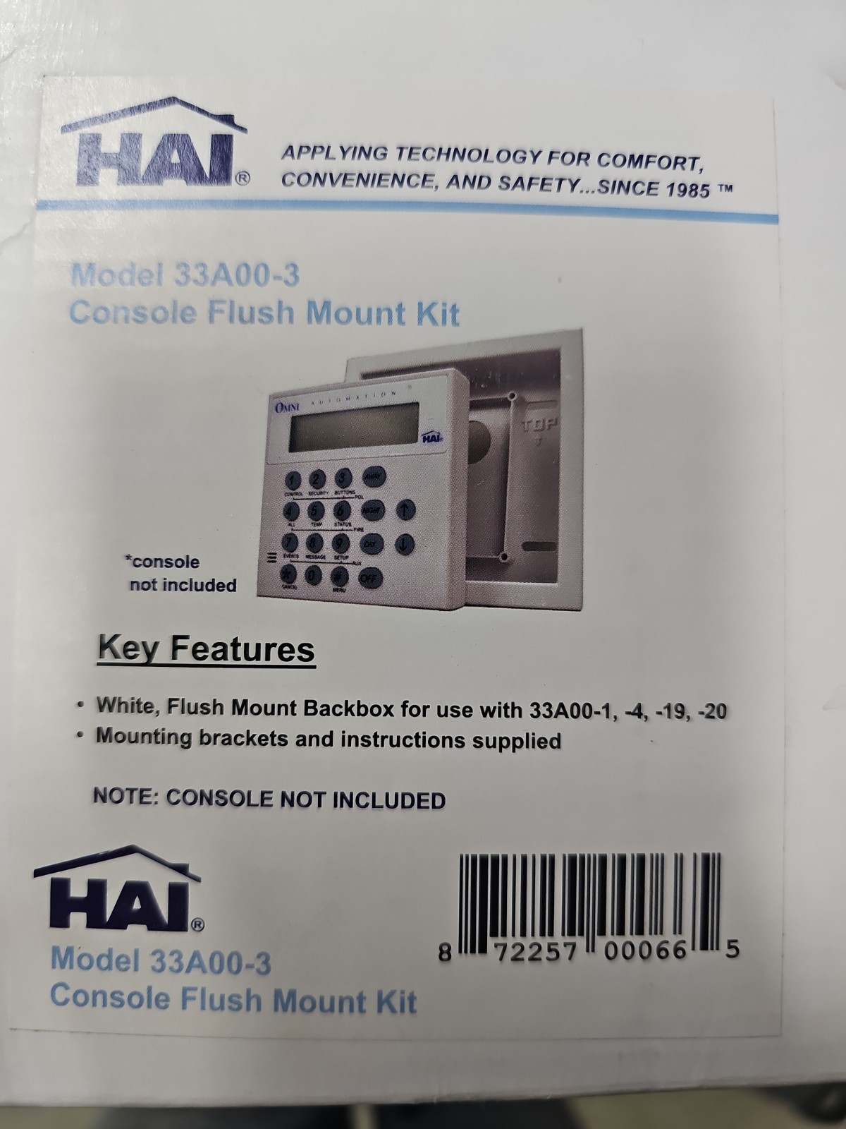HAI Model 33A00-3 Console Flush Mount Kit Smart Home Control, NEW!