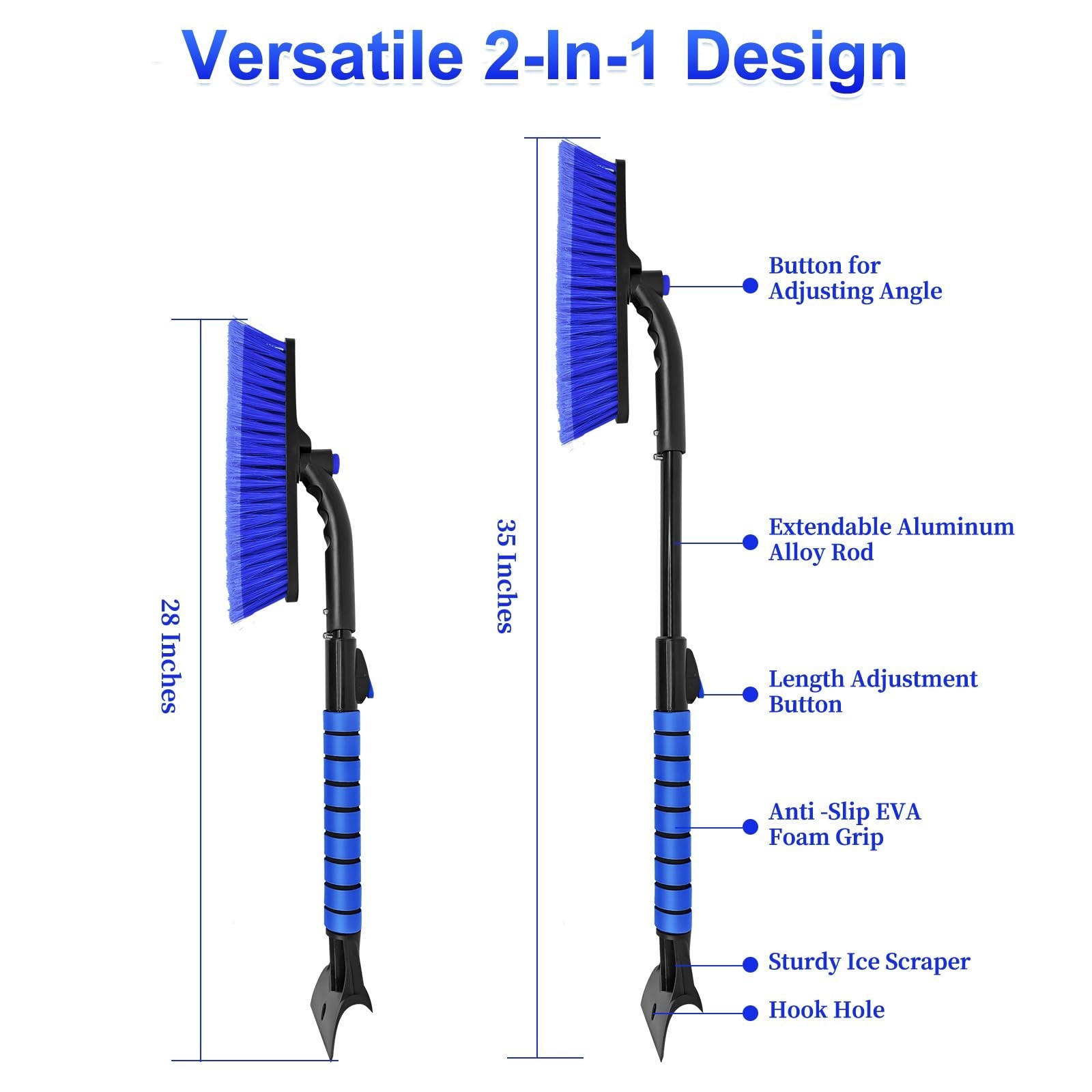 35" Extendable Ice Scraper & Snow Brush for Car Windshield - Foam Grip, Blue