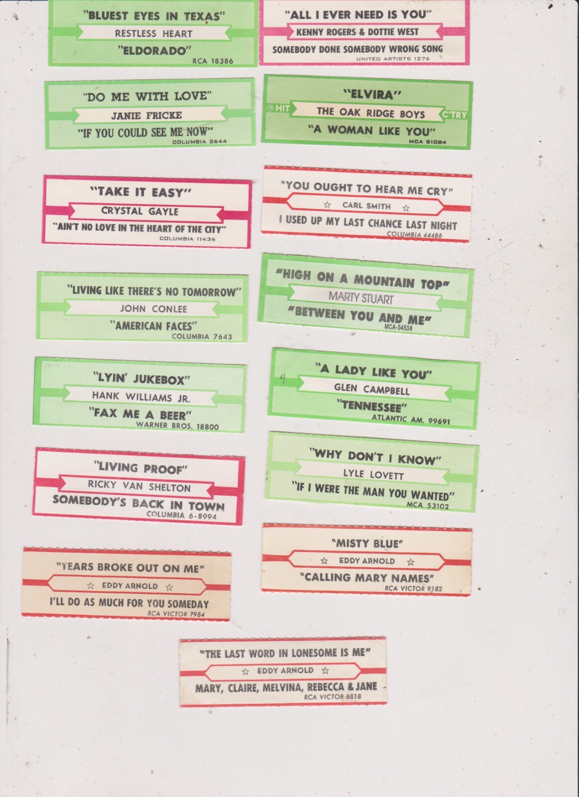 15 COUNTRY JUKEBOX TITLE STRIPS LOT 3.FREE SHIPPING IN U S