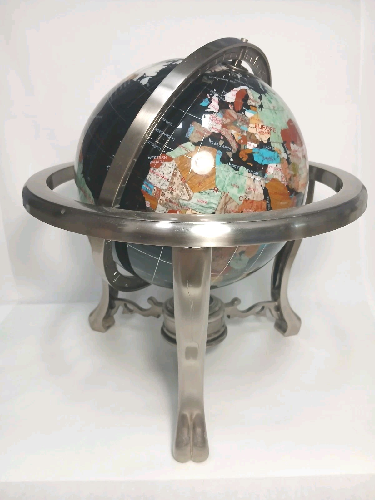 8" World Globe Unique Art Silver Table Top Map Gem Inlay Black Ocean 14" Stand