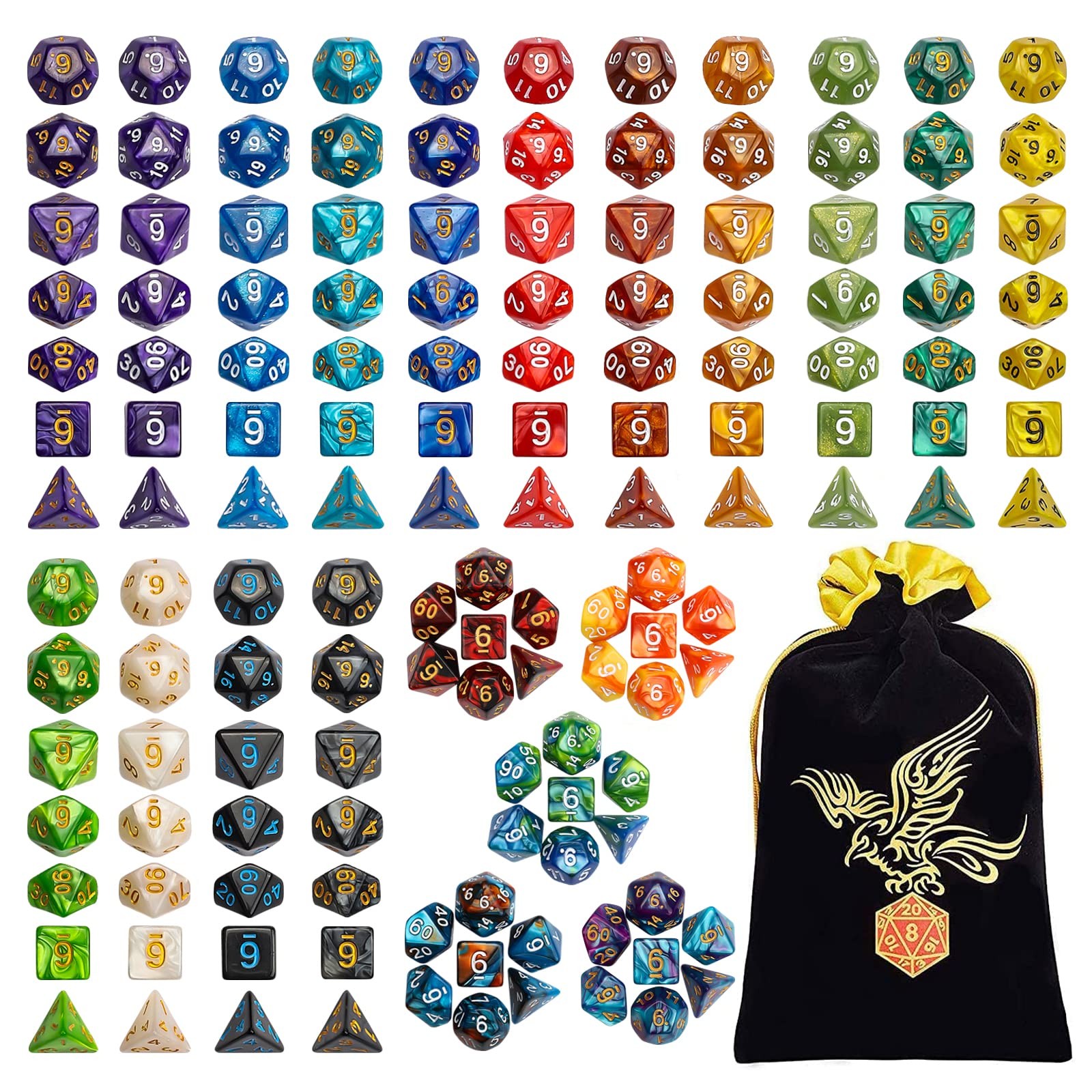 QMay DND Dice Set - 20x7 (140 Pieces) Polyhedral Dice, 20 Colors D&D Dice for