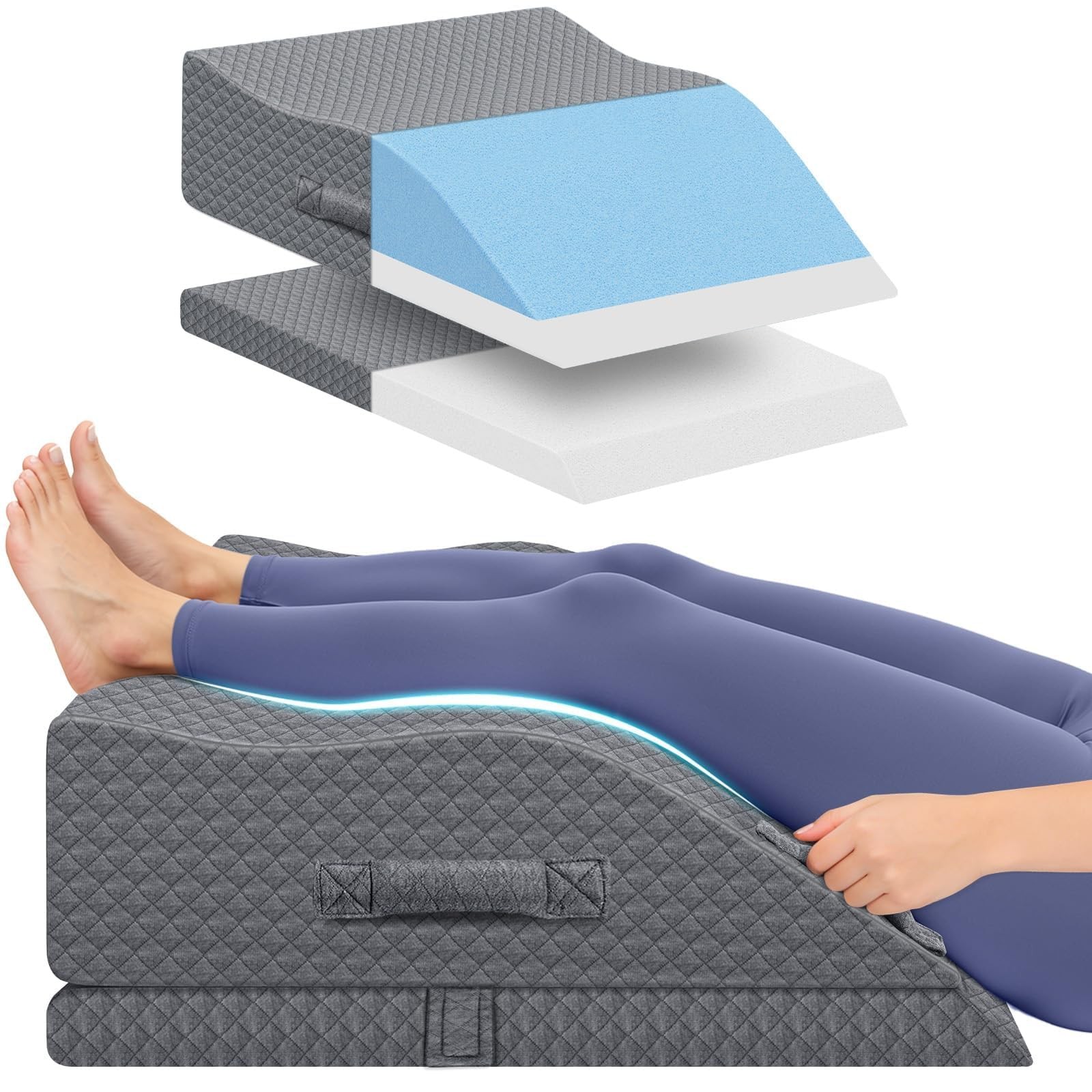 Double Leg Elevation Pillow for Surgery Recovery - Grey Memory Foam Wedge
