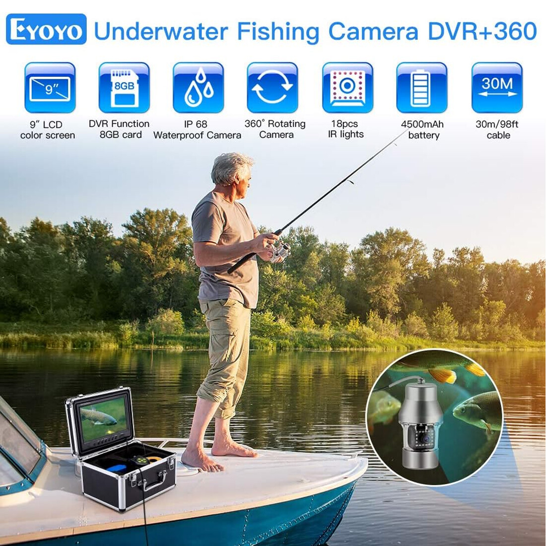 Eyoyo 9'' Underwater Fishing Camera 360° Panning Camera with 8G Video Recording