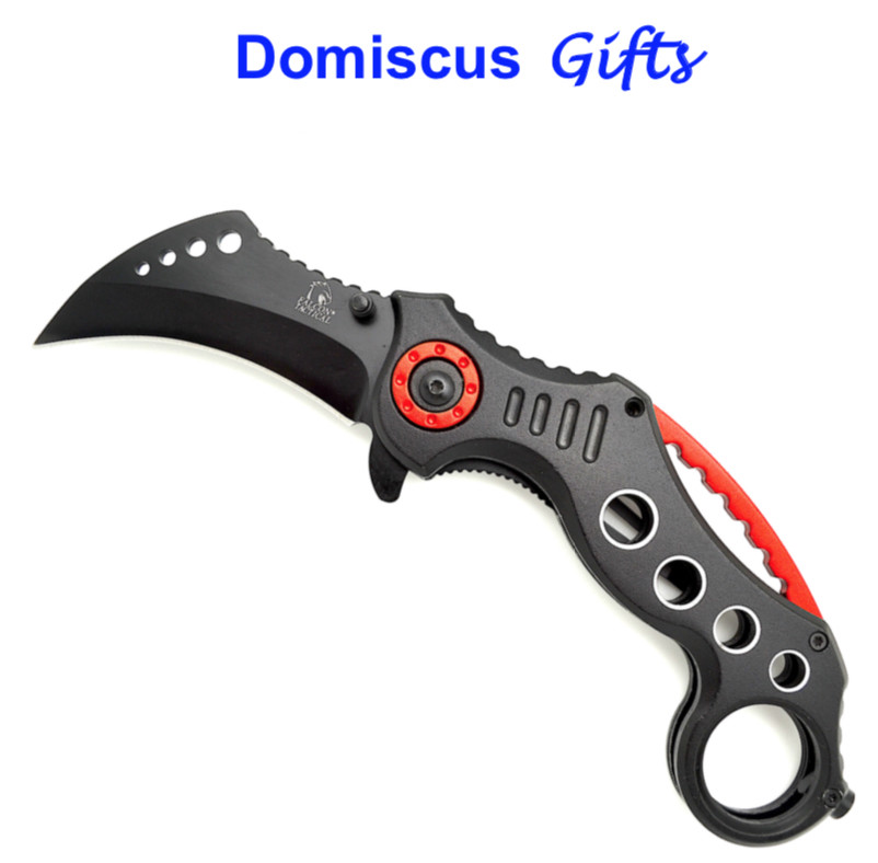 7 3/4" NEW! FALCON Black RED Spring Assist Pocket Knife KARAMBIT Blade Knives