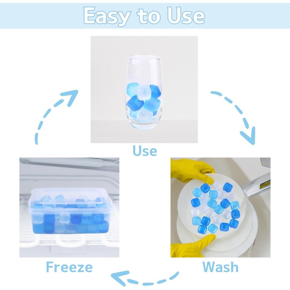 Reusable Plastic Ice Cubes Refreezable 60 Pack with Storage Bin Lid for Drinks