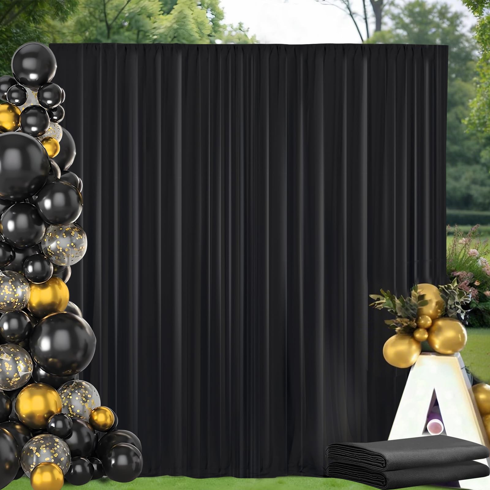 Linhedai 10X10Ft Black Backdrop Curtain Rod Pockets Wrinkle Backdrop Curtains