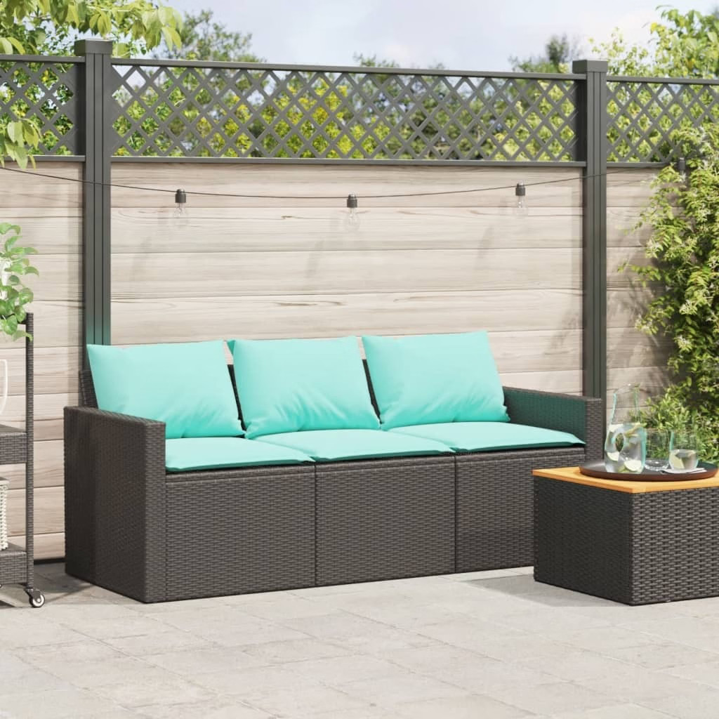 Patio Sofa with Cushions 3-Seater Black Poly Rattan