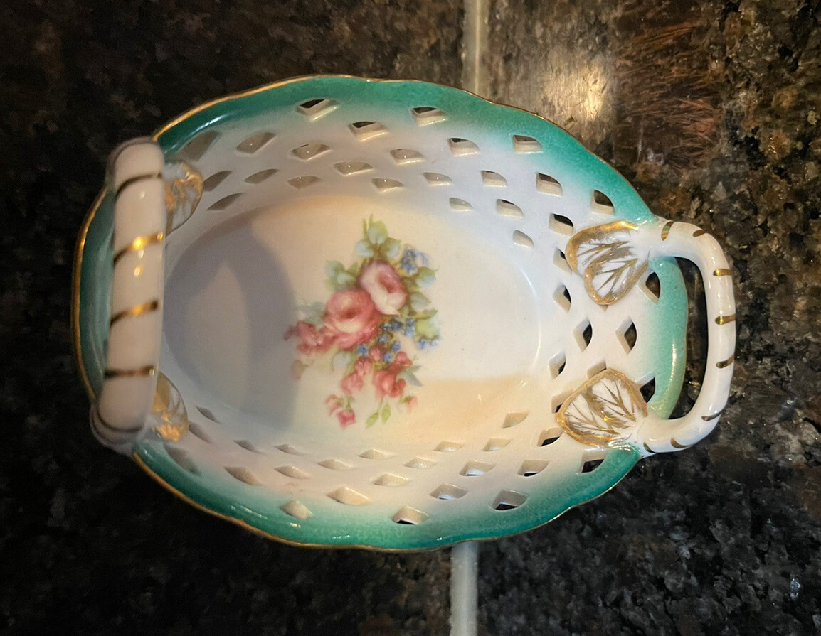 Porcelain Treasures by Betty Plater Oval  Basket w/ Green Edges,Handles & Floral