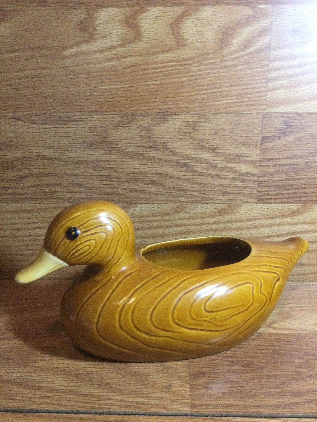 FTD 1979 Mallard Duck Planter Ceramic Bird Wooden Grain Golden Glaze Portugal