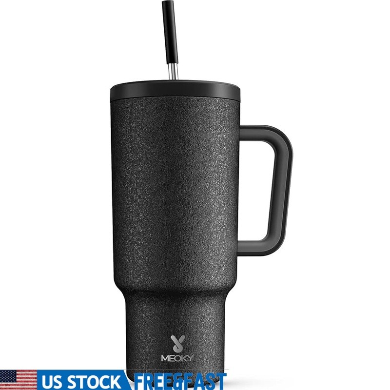 Double Wall Insulated Travel Mug Leak Proof Tumbler Non Slip Handle W/ Straw New