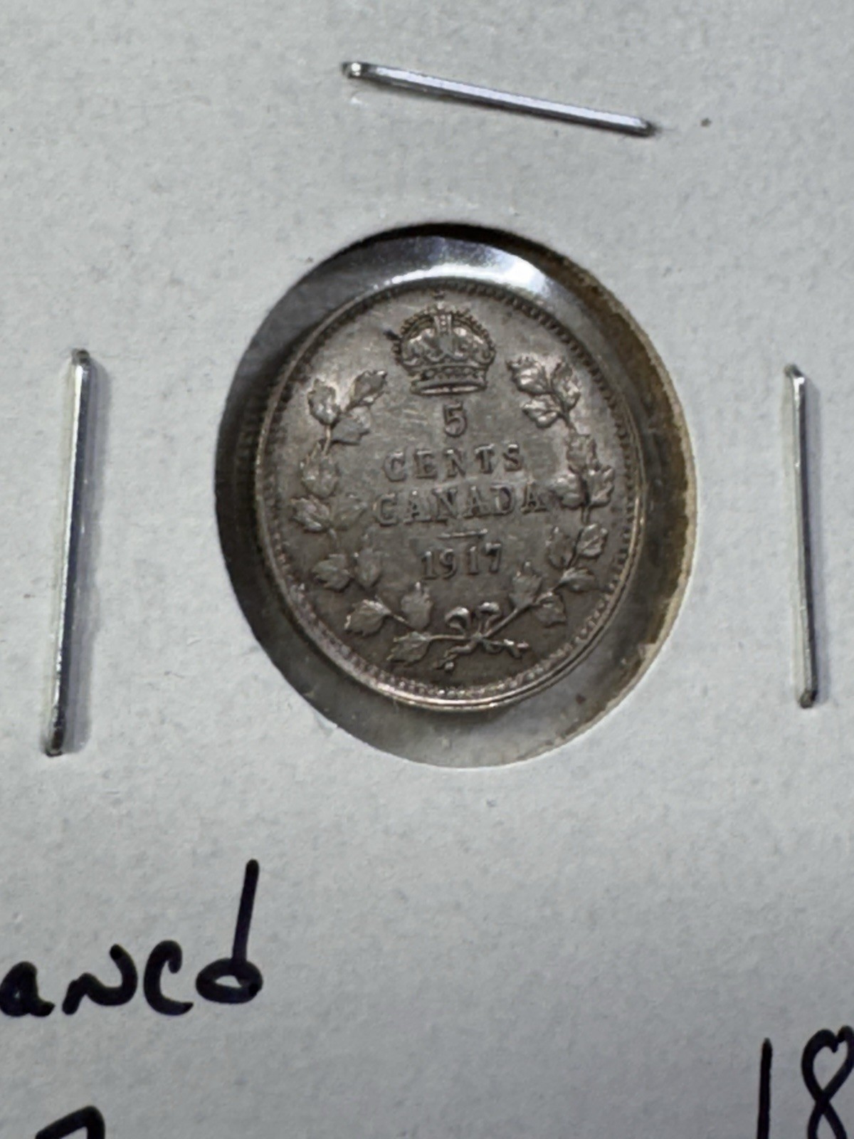 1917 Canada 5 Cents Small Silver Coin Cleaned