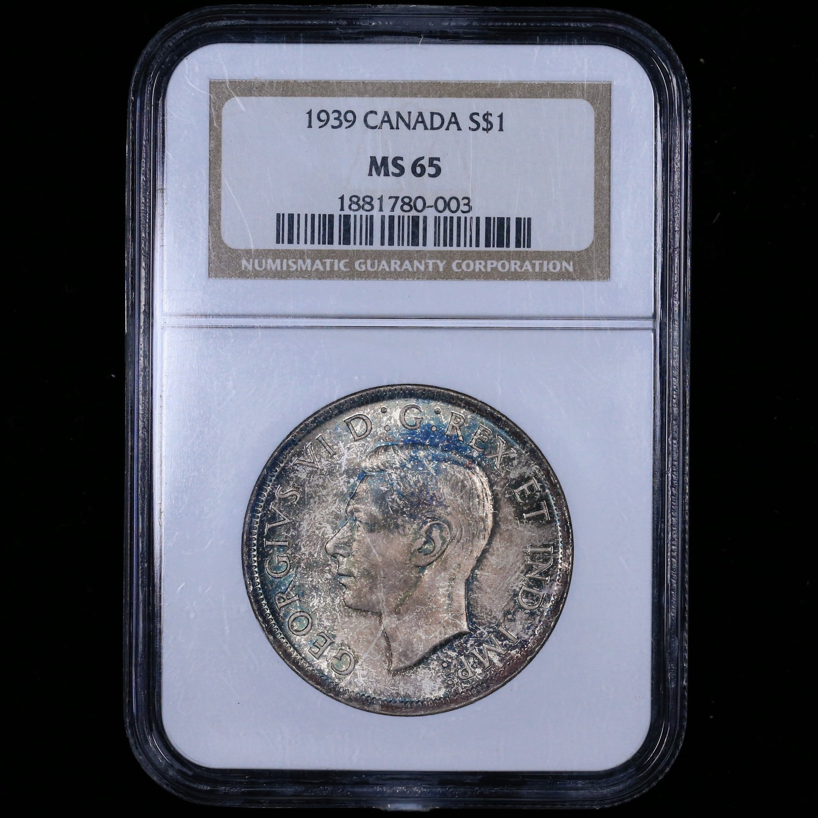 1939 $1 NGC MS65 Canada Silver Dollar Parliament GEM Cobalt Blue Toning