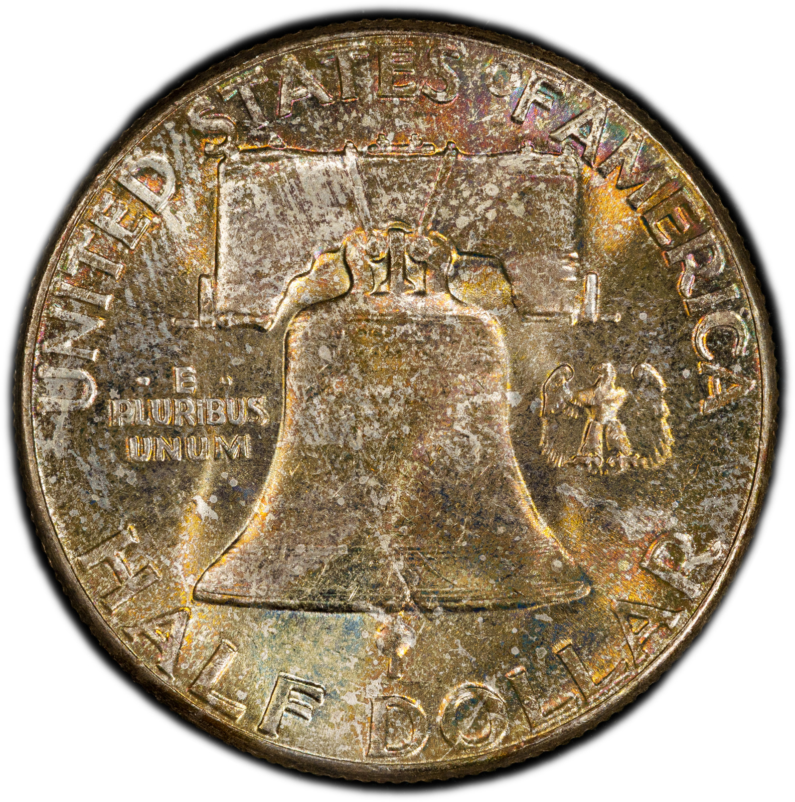 1958-P PCGS MS64 Franklin Half Dollar w/ Exceptional Reverse Rainbow Toning