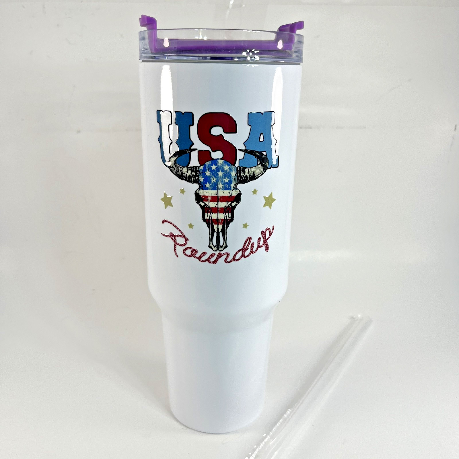 Stainless Steel 30oz Travel Tumbler USA Proud Skull Purple Handle Mug