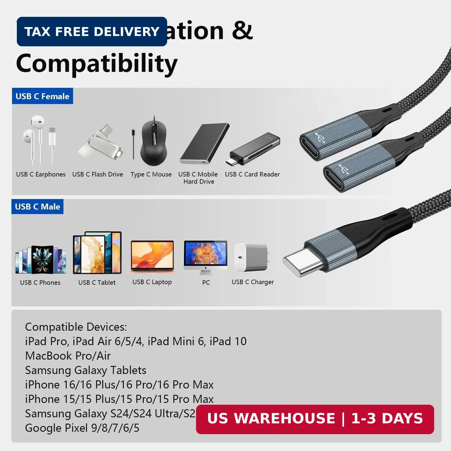 USB C to Dual USB Type C Female Splitter Cable Earphone Adapter Type C OTG Split
