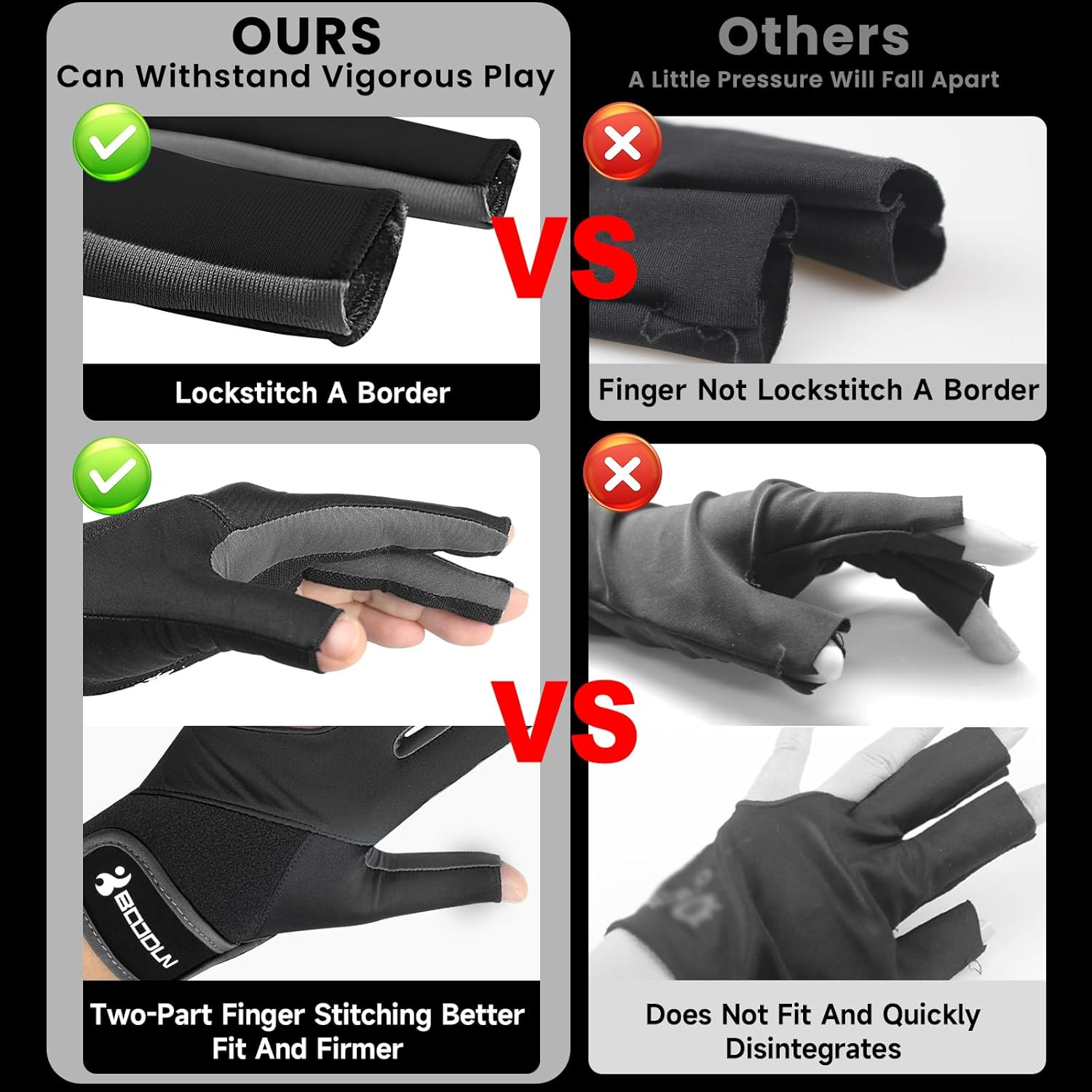 Billiard Pool Gloves for Left Hand 3 Finger, Splicing Process, Snooker Cue