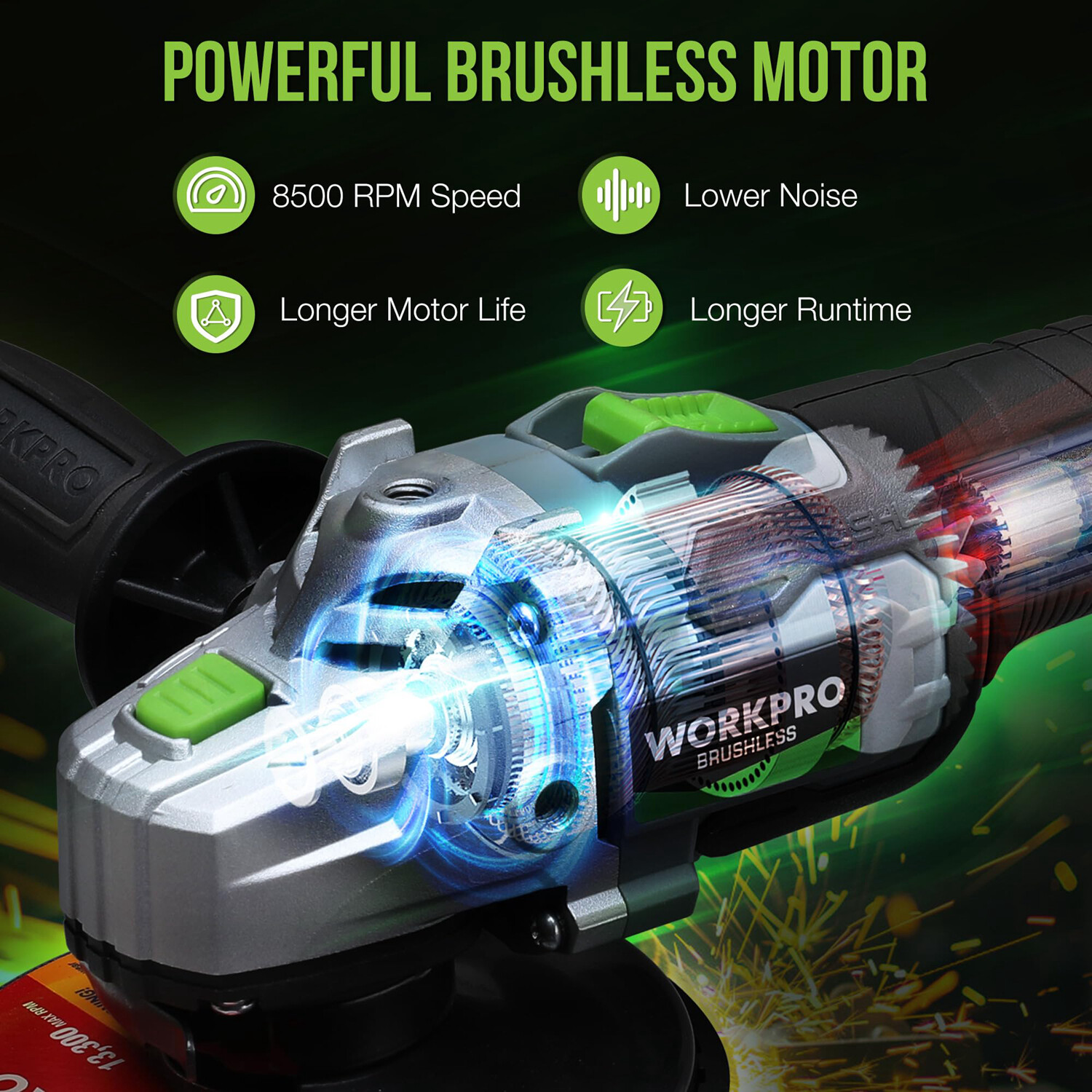 WORKPRO 20V Brushless Motor Cordless Angle Grinder Kits 4-1/2" Disc 4.0A Battery