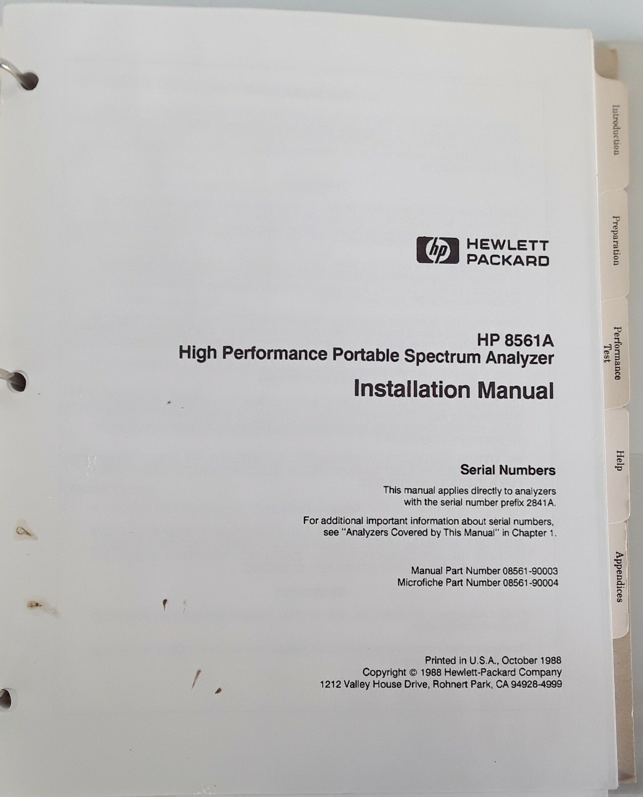 HP Agilent 8561A High Performance Portable Spectrum Analyzer Installation Manual