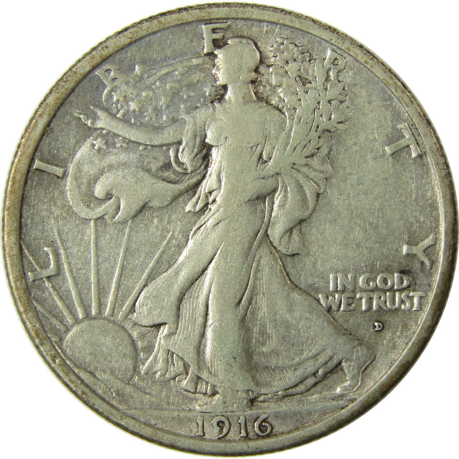 1916 D Liberty Walking Silver Half Dollar VF Very Fine SKU:I27505