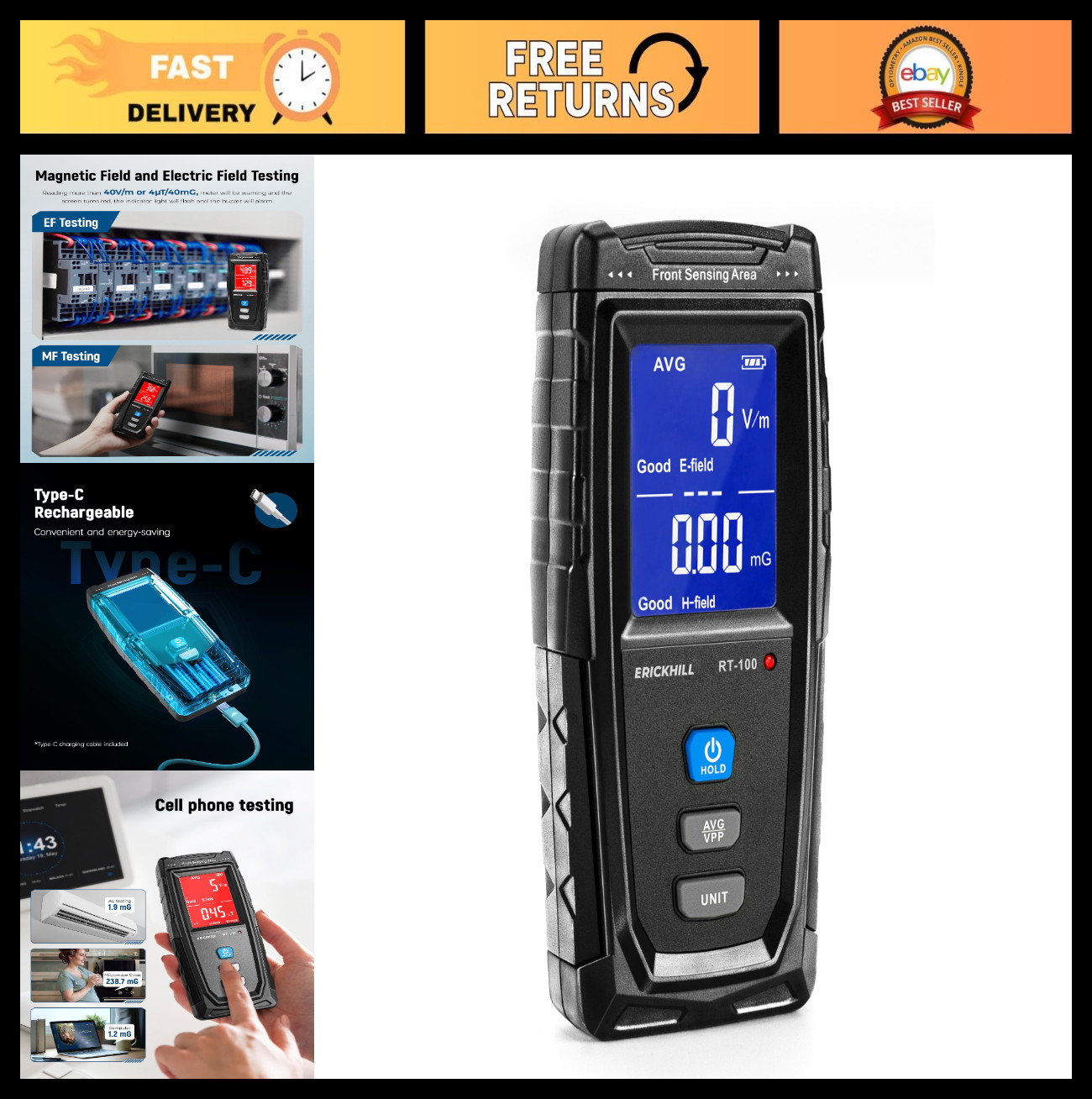 Handheld EMF Meter - Digital Electric & Magnetic Field Detector, LCD Display, So