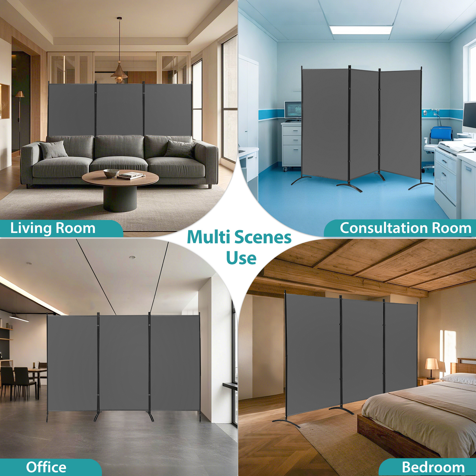 3 Panel Room Divider 6Ft Folding Privacy Screen Freestanding Room Partition Gray