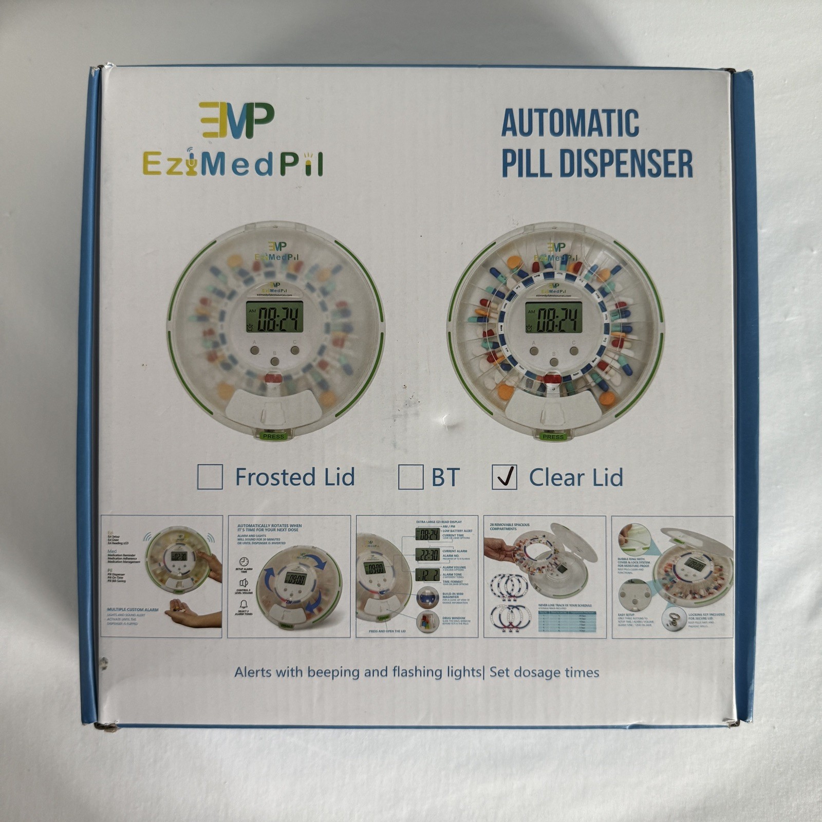 EziMedPil Automatic Clear Lid Pill Dispenser with Alarm, Sound, & Light