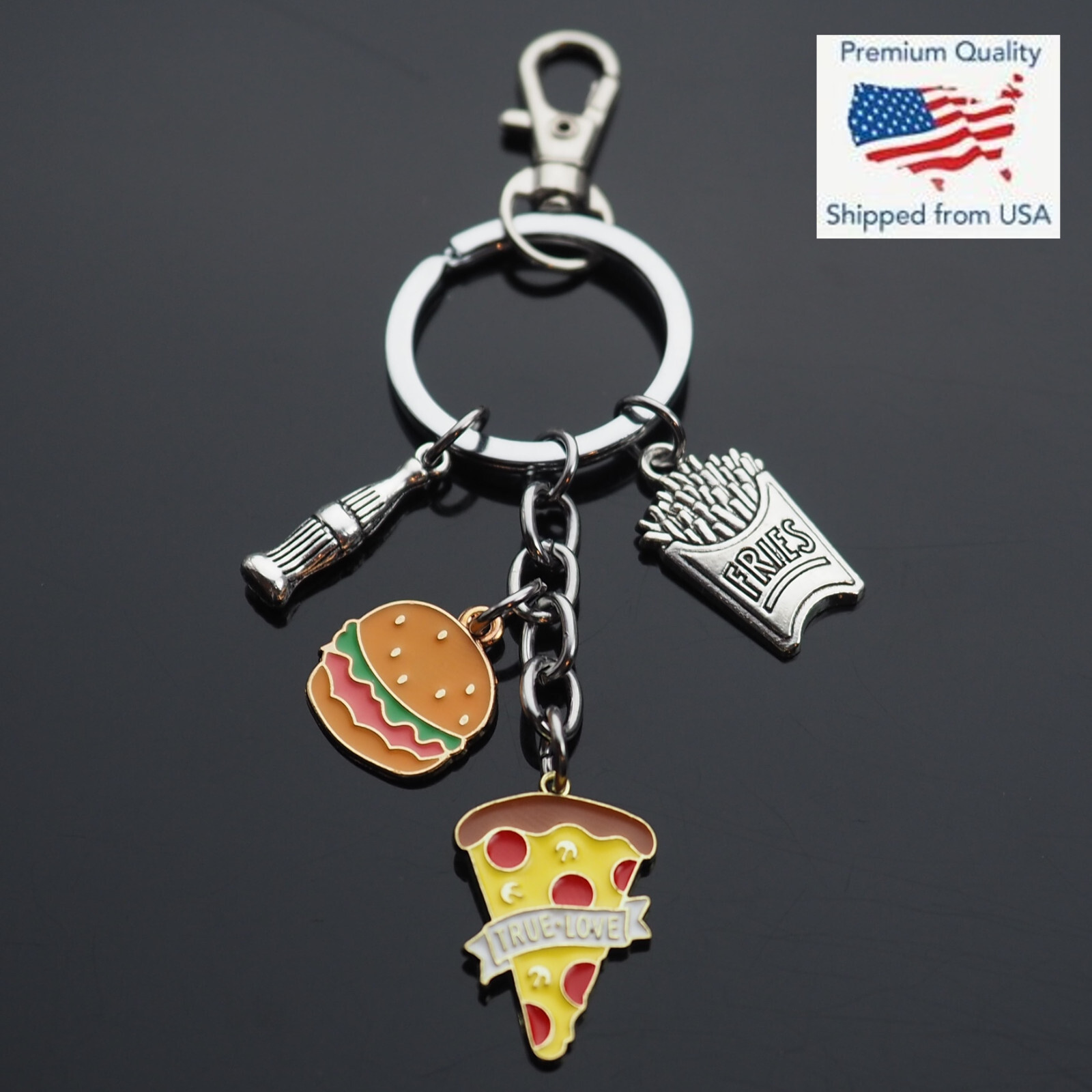 Cheeseburger Pizza Fries Soda Keychain Fast Food Clasp Clip Bag Novelty Charm