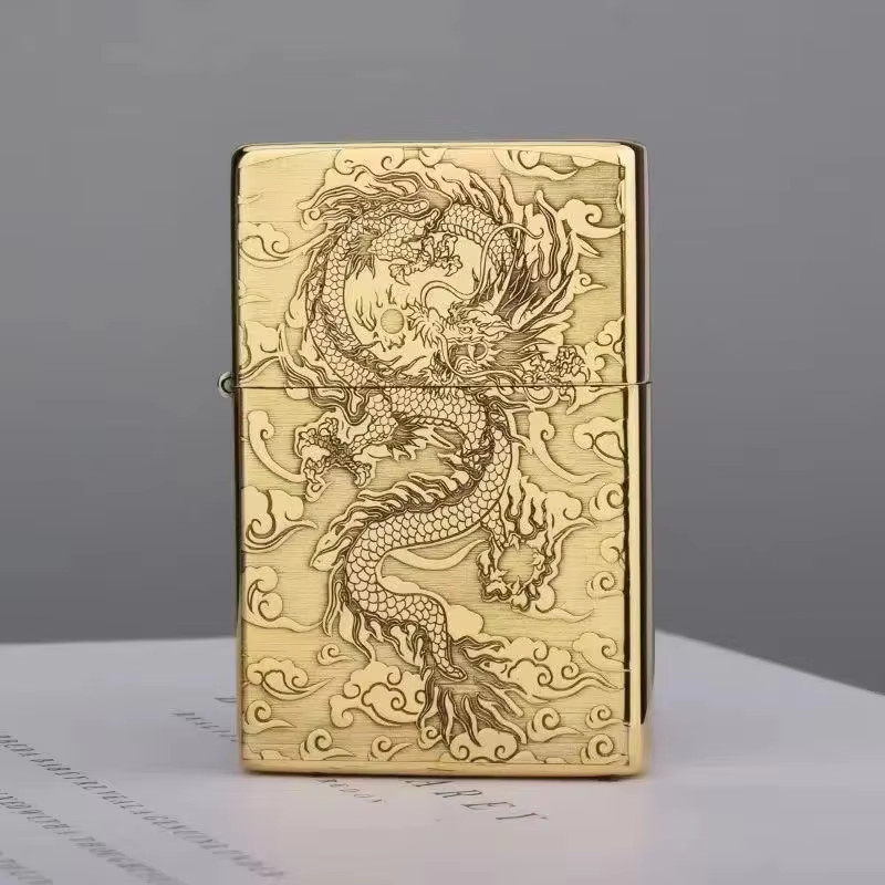 Brass Thin Double Sided Carved Windproof Kerosene Pocket Lighter Vintage Look