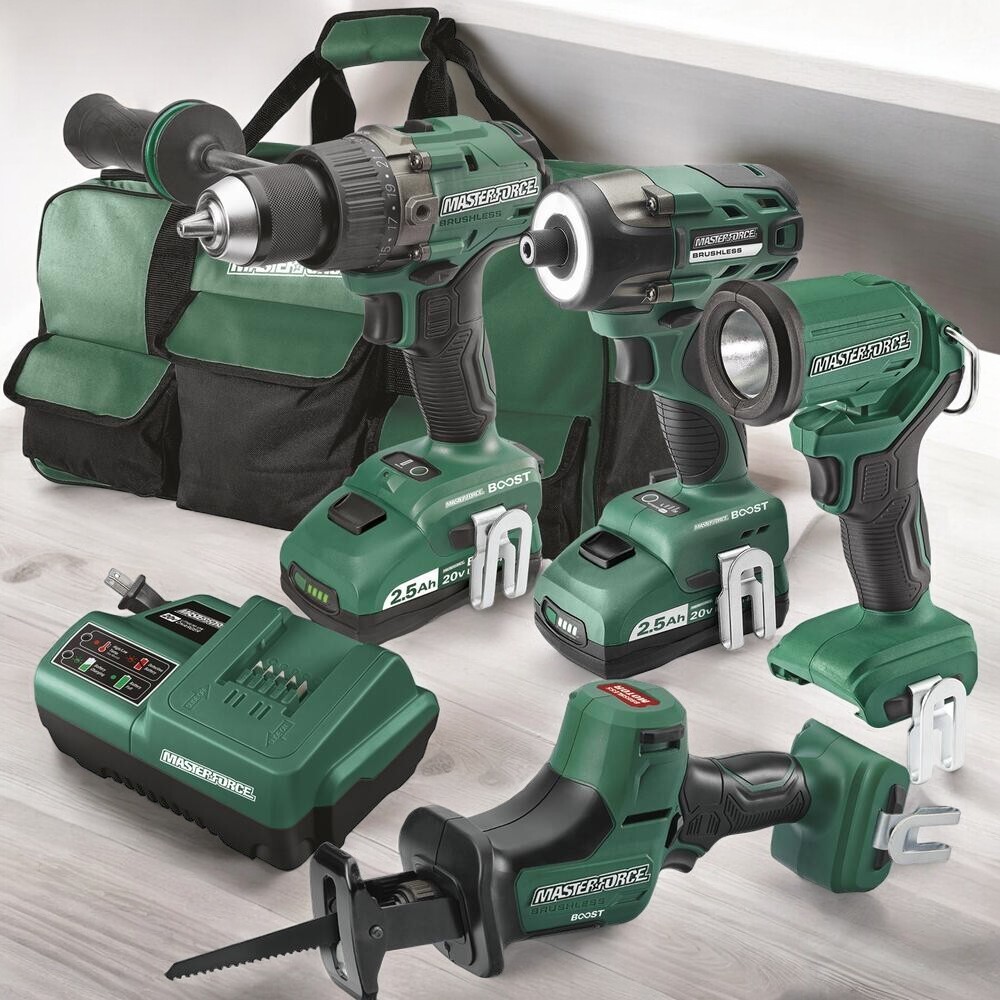 Masterforce Boost 20-Volt Brushless Cordless 4-Tool Combo Kit Workshop Garage