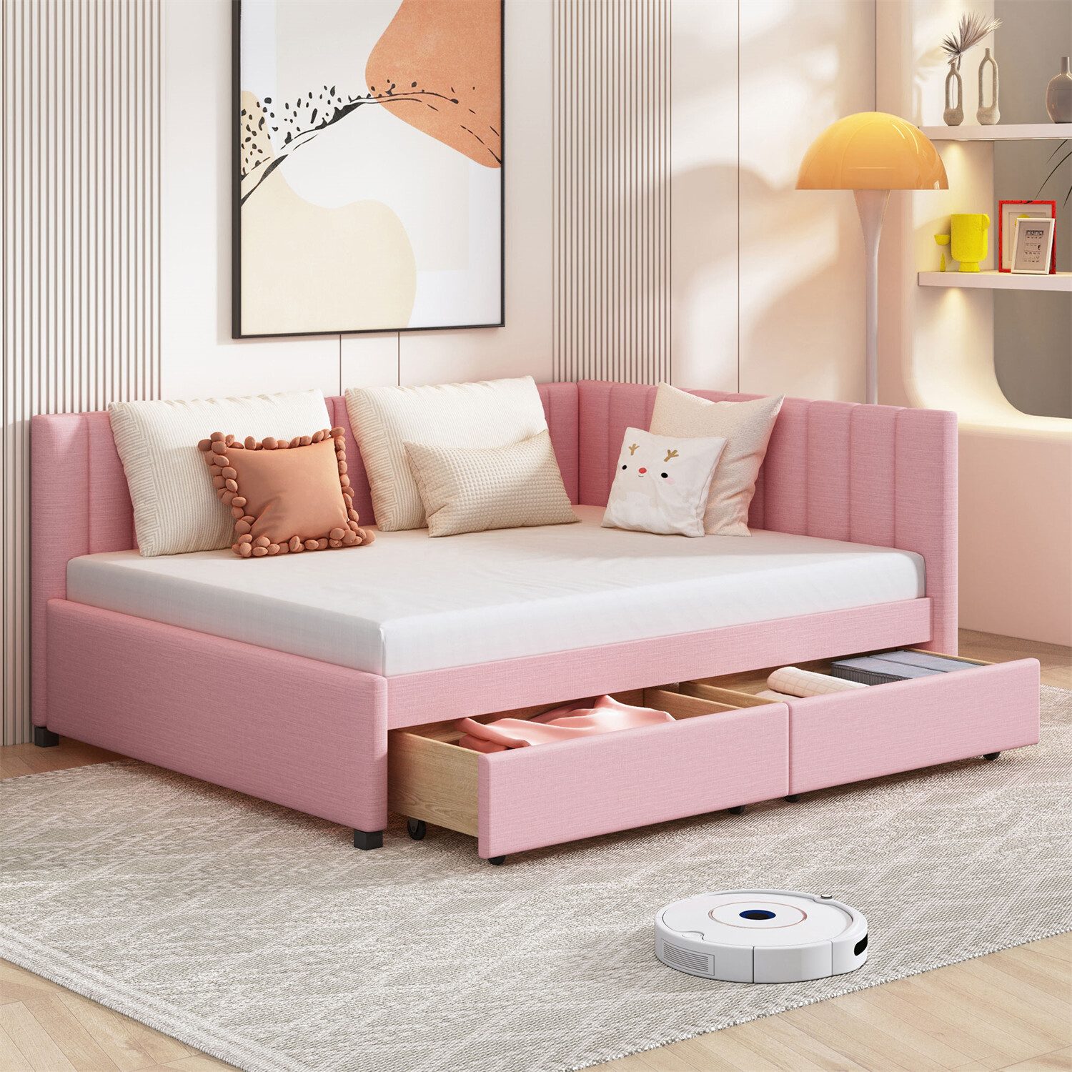 Full Size Daybed Upholstered Bed Frame Sofa Bed w/ 2 Storage Drawers Pink